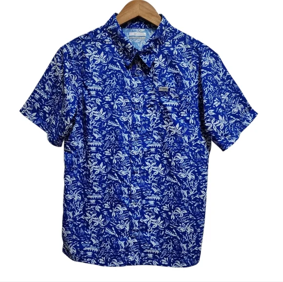 Columbia PFG Shirt Boys Youth XL Blue White Floral Hawaiian Short Sleeve Button - Picture 3 of 15